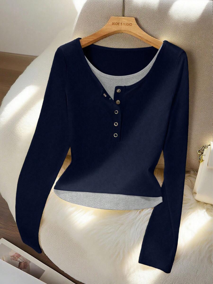 Franclia 女士优雅时尚简约百搭修身长袖二合一T恤，春秋季 - 寶藍色 - 查看 1