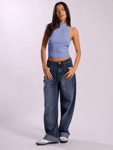 MUSERA High Neck Ribbed Backless Halterneck Knit Top Y2k Grunge Festival Concert, Sexy Summer Rave Ibiza Winter Date Night Work Office - Blue - View 4