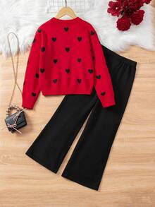 Sparklyn 女童爱心图案提花针织毛衣和打底裤两件套，秋冬款 - 紅色 - 查看 2
