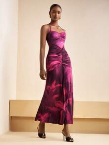 Zivah Women's Dark Purple Summer Seductive Dinner Date Halter Neck Tie-Up Backless Gathered Mermaid Gradient Print Slim Fit Long Burgundy Party Dress - Multicolor - View 6