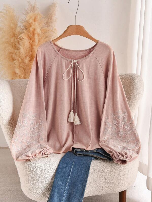 CosyJoli Plus Size Tassel Drawstring Round Neck Lantern Sleeve Embroidered Bamboo Texture Loose Pullover T-Shirt