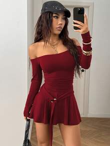 StreetHx 1件女士露肩修身长袖连衣裙 - 紅色 - 查看 3