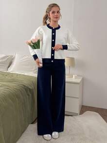 EURMUSE Women Flower Embroidery Cardigan And Pant Knit Set - Navy Blue - View 8