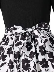 SHEIN Tween Girl Mandarin Collar Raglan Puff Sleeve Casual Floral Patchwork Print Dress - Black - View 3
