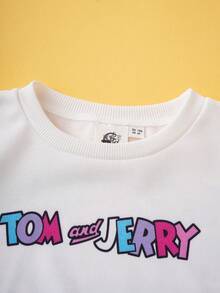 TOM & JERRY X SHEIN 2pcs Young Girl Knitted Dropped Shoulder Sweatshirt And Contrast Cartoon Cake Print Pants Set, Autumn/Winter Kids Sweat Set Kids Jogger Sets Girls Comfy Set - Multicolor - View 6