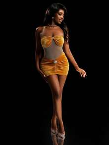 Amplova Women's Mustard Yellow Velvet Mini Skirt,Y2K 70s &Avant-Garde Ruched Waist,Suitable For Summer Party,Christmas,Gala,New Year&Thanksgiving - Champagne - View 6