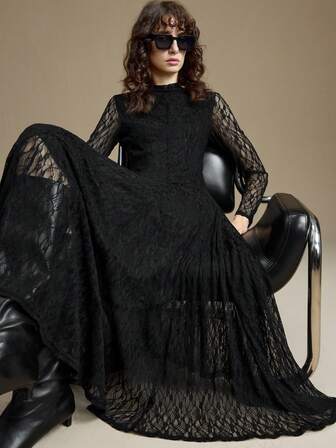 Ontre 2026 Spring/Summer Women's Black Lace Dress, Elegant Urban Chic, Suitable For Work, Office, Formal Occasions, Weddings, Dates, Parties, Concerts, Brunch, Airport, Daily Wear, National Day, Valentine's Day