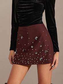 Enchnt Minifalda romántica de mujer en color borgoña con adornos de strass y lentejuelas, elegante y de moda para fiestas, citas, vacaciones, graduación, salidas, Halloween y Navidad, otoño, Año Nuevo