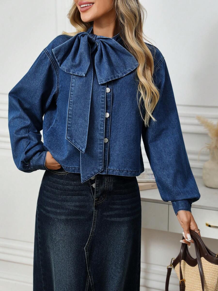 EMERY ROSE 女式纯色休闲长袖牛仔衬衫 - 藍色 - 查看 1