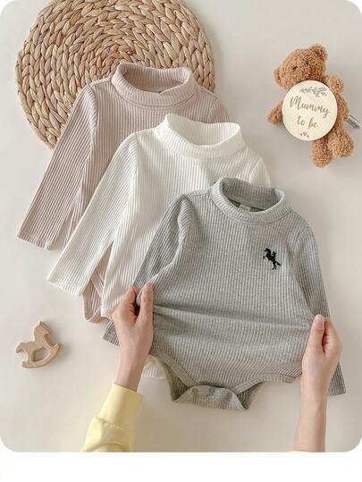 男婴可爱针织印花长袖连体衣，带按扣
