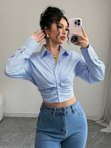 Selianne 女士休闲条纹短款褶皱长袖衬衫，春季