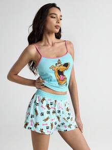 SCOOBY-DOO X SHEIN 女士舒适狗狗印花吊带背心和短裤睡衣套装，夏季卡通内衣睡衣短裤套装两件套，女士莉萝和史迪奇睡衣 - 薄荷藍 - 查看 5