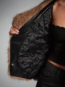 SHEIN BAE Women's Fluffy Panel Front Button Closure Long Sleeve Casual PU Leather Trench Coat Fall Winter Cloth For Women, With Fox Fur Cuff, Lapel Design - Black - View 7