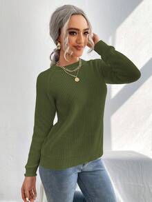 SHEIN LUNE Solid Color Round Neck Twist Front Split Hem Casual Long Sleeve Pullover Sweater - Army Green - View 5