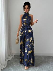 Elenzga Halloween Outfit Sleeveless Ruffle Collar Elegant Romantic Precision Women's Wide Leg Jumpsuit - Navy Blue - View 1