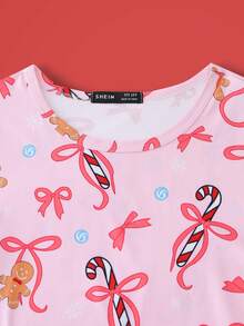 少女圣诞卡通印花睡衣套装 - 粉色 - 查看 3