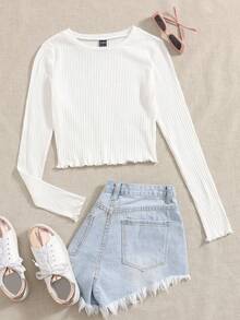 SHEIN EZwear Women White Lettuce Trim Solid Tee For Spring & Autumn - White - View 6