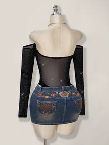 SHEIN ICON Women's Black Party Rhinestone Mesh Off-Shoulder Long Sleeve Sexy Bodysuits,Winter Outfit For Women,Glitter Top