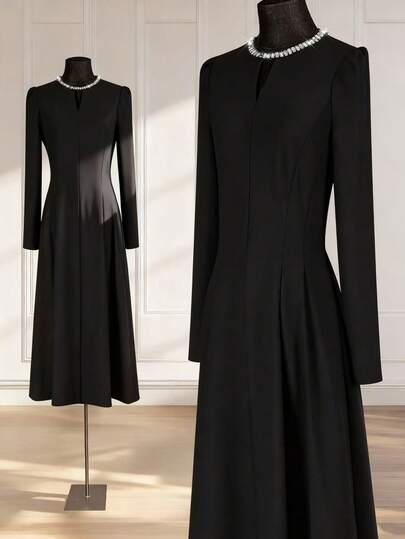 SHEIN Franclia Women's Elegant Pearl Embellished Collar Long Sleeve Dress Dress Black Dress Midi Medium Length Dress Dresses Long Sleeve