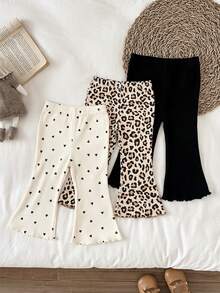 LMoss Kids 3件套女婴针织纯色心形图案连体衣和喇叭裤套装 - 彩色 - 查看 2