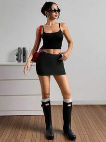 SHEIN EZwear 2 chiếc quần legging cạp chun màu trơn cho nữ, váy đen kèm quần short, váy cong màu đen, váy ngắn màu đen, váy ngắn cho nữ, váy ngắn cạp trễ, váy ngắn cho nữ, váy đen, váy ngắn màu đen - màu đen - Xem 6