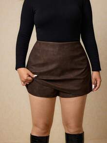 Elaquor Plus Size Women High Waist Fashionable Versatile Skort Brown Spring - Brown - View 4