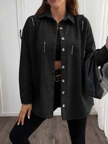 EURMUSE Solid Color , Rhinestone Details, Over Shirt Jacket - Black - View 1