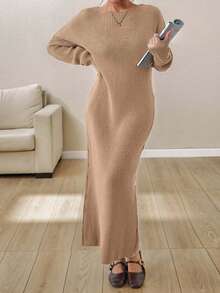 EURMUSE Boat Neck Ribbed Knit Midi Dress – Earthy Brown | Oversized Fit With Textured Stitch - Khaki - View 4