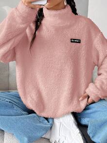SHEIN EZwear Áo nỉ lông cừu mềm mại cổ cao vai rớt, cỡ lớn, màu hồng nhạt, thêu chữ hình củ sen, thích hợp cho mùa Thu/Đông, Giáng sinh, Năm mới, Lễ Tạ ơn, Tiệc tùng, Đám cưới, Đi biển, Lễ tốt nghiệp, Sang trọng, Thanh lịch, Thường ngày, Đi chơi, Hẹn hò, Cuộc hẹn, Đi làm. - Bụi hồng - Xem 1