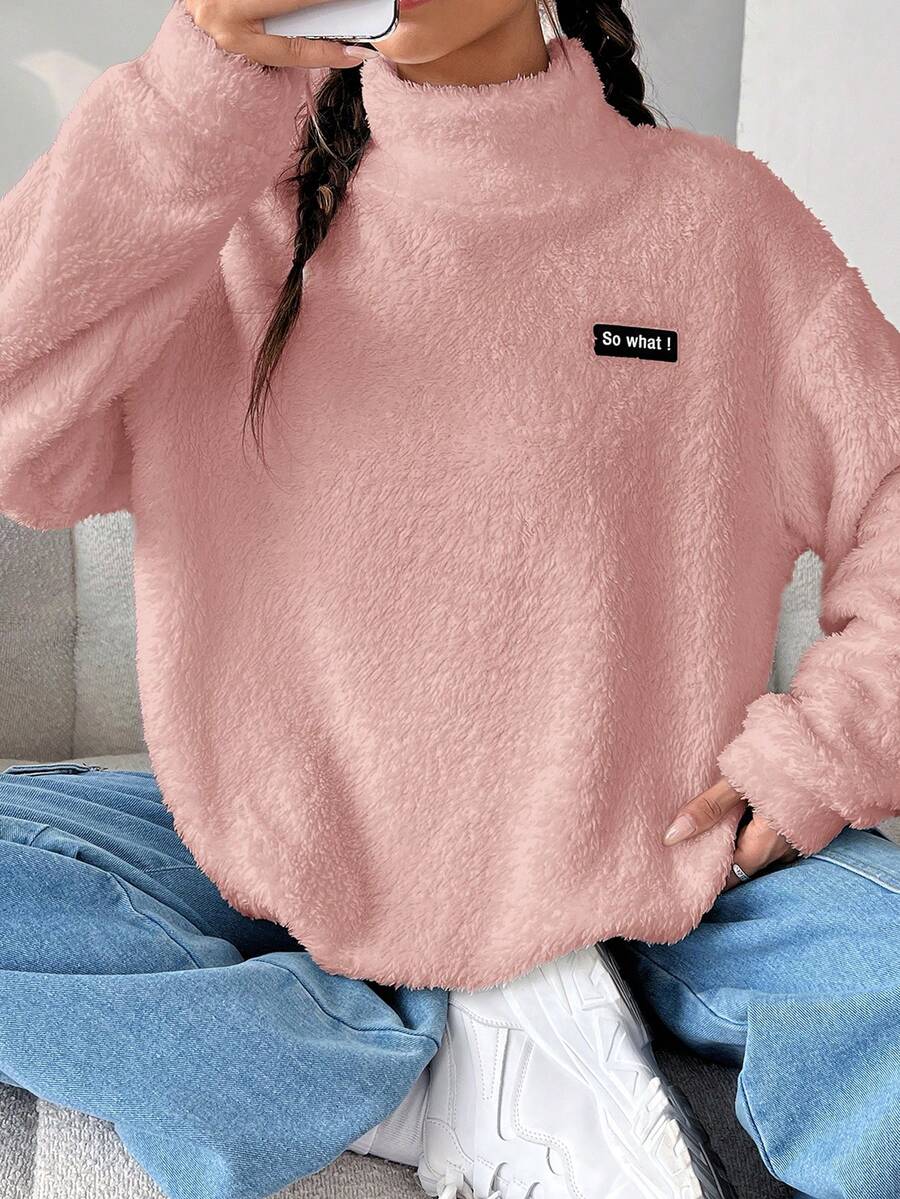 SHEIN EZwear Áo nỉ lông cừu mềm mại cổ cao vai rớt, cỡ lớn, màu hồng nhạt, thêu chữ hình củ sen, thích hợp cho mùa Thu/Đông, Giáng sinh, Năm mới, Lễ Tạ ơn, Tiệc tùng, Đám cưới, Đi biển, Lễ tốt nghiệp, Sang trọng, Thanh lịch, Thường ngày, Đi chơi, Hẹn hò, Cuộc hẹn, Đi làm. - Bụi hồng - Xem 1