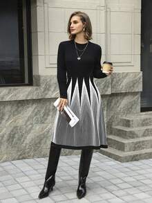 Hansera Vestido de suéter elegante con cuello redondo, mangas largas y cintura ceñida en bloques de color para mujer - Blanco y Negro - Ver 2