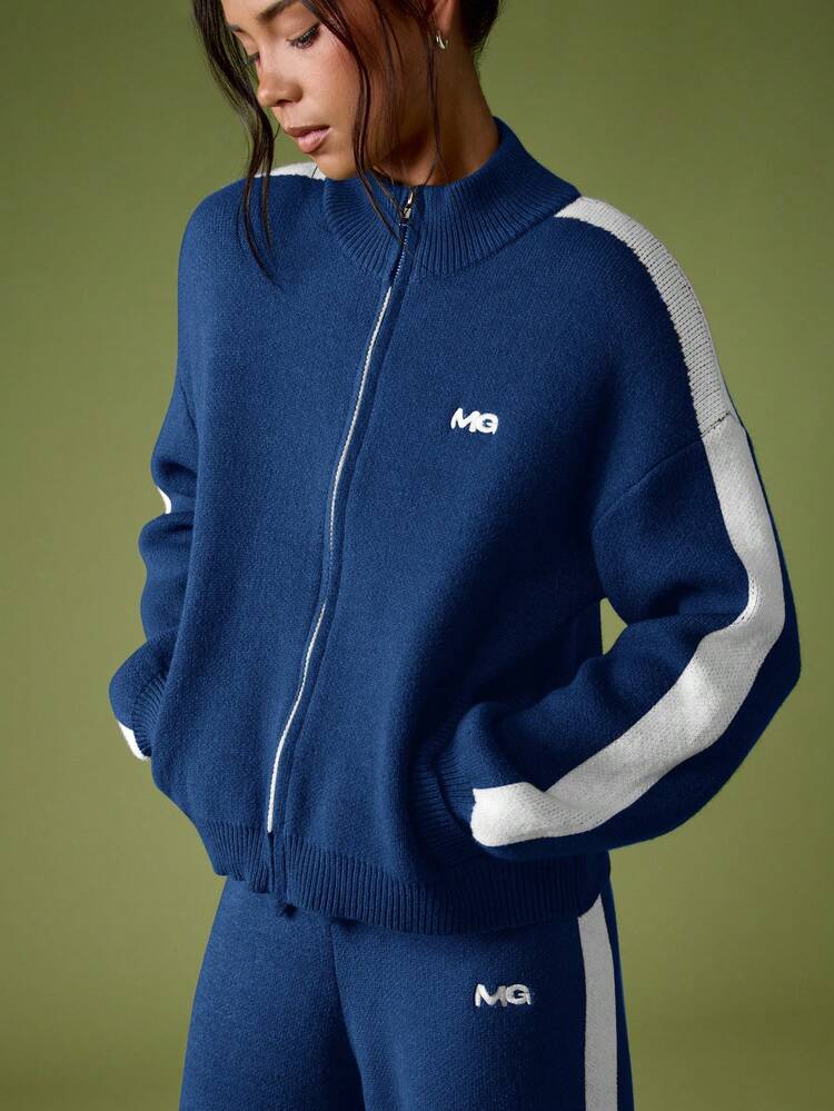 MISSGUIDED Knitted Zip Up Cardigan With Embroidered Logo And Contrast Side Stripe Detail For Casual Everyday Wear