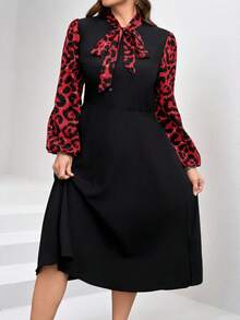 SHEIN Clasi Plus Size Black & Leopard Print Patchwork Dress, Elegant For Everyday Wear, Autumn/Winter - Red - View 5