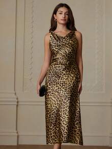 Aveloria Rosie Satin Fabric, Leopard Print Design, Draped Neck Twist Knot Sexy Elegant Long Dress - Multicolor - View 5