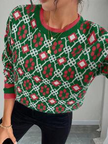 Selianne Women's Fashionable All-Over Print Color Block Crew Neck Long Sleeve Pullover Sweater, Autumn/Winter - Multicolor - View 6