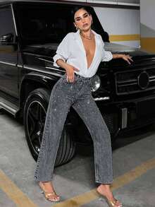 EURMUSE Jeans a vita alta da donna, slim e dritti, impreziositi da perle - Grigio Scuro - Visualizzare 1