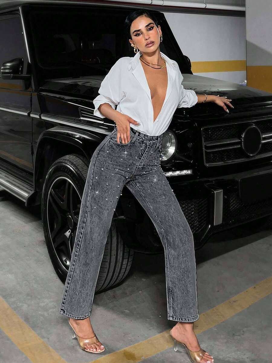EURMUSE Jeans a vita alta da donna, slim e dritti, impreziositi da perle - Grigio Scuro - Visualizzare 1