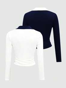 INAWLY 2 piezas Camisetas polo de manga larga negras y grises bordadas de estilo casual para mujer, ajustadas para exteriores