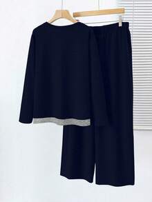 SHEIN LUNE 大码花卉撞色二合一T恤裤休闲套装 - 彩色 - 查看 2