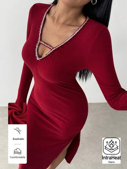 FavEase 1pc Women's Deep V-Neck Bodycon Mini Dress, Patchwork Glitter Ribbon Decor, Knitted Stretchy Fabric, Slit, Suitable For Daily Wear And Commute, Sexy