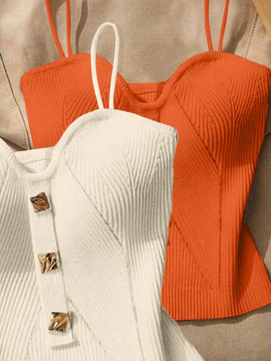 Women Metallic Decor Form-Fitting Camisole Knit Top - Multicolor - View 1