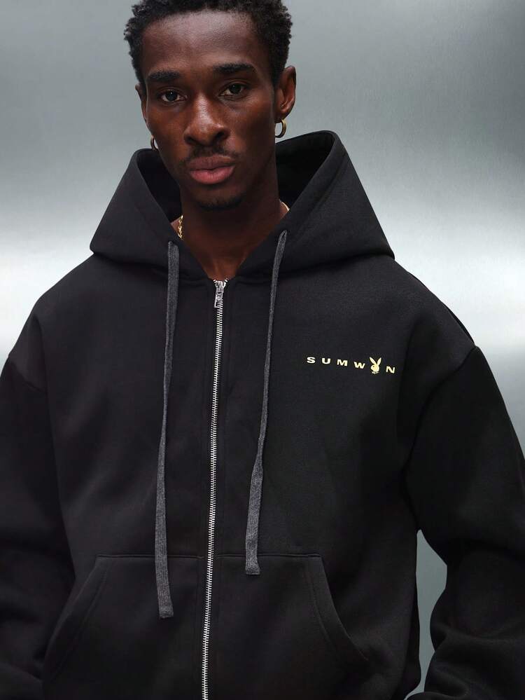 PLAYBOY X SUMWON Schwarzer Kapuzenpullover mit Reißverschluss und Vintage-Print