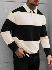 Manfinity Homme Camicia polo casual da uomo a maniche lunghe con bottoni e mezza patta, a contrasto di colore. Camicia a maniche lunghe da uomo a righe bianche e nere. Camicia casual a maniche lunghe da uomo, adatta per attività quotidiane, tempo libero, weekend, attività all'aperto, viaggi, ambienti di lavoro rilassati o occasioni semi-formali, regalo per il fidanzato/marito, regalo per l'anniversario, Natale.