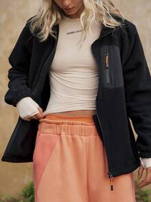 Medorelle Jachetă din fleece cu fermoar contrastant și manșete elastice pentru toamnă/iarnă - Negru - Vizualizare 3