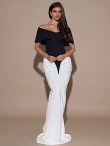 SHEIN BAE Váy dài ôm sát hở vai phối màu cho nữ - Nhiều màu - Xem 4