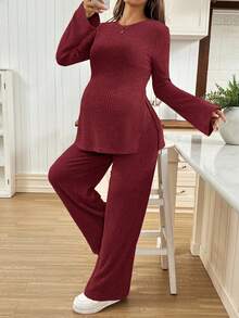 SHEIN 2pcs Maternity Solid Color Split Long Sleeve Top And Pants Casual Set - Burgundy - View 4