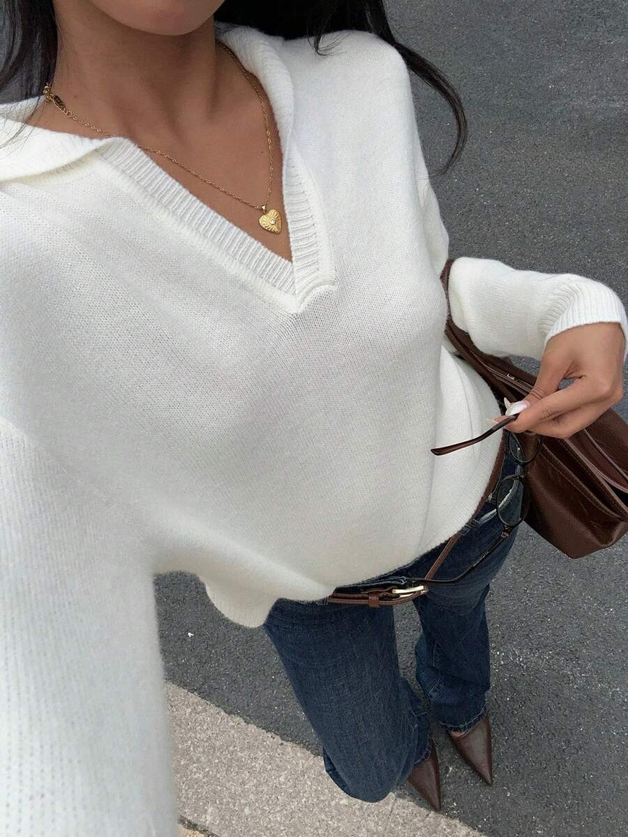 SHEIN Unity Women's Solid Color V-Neck Loose Oversize Sweater,Long Sleeve Tops Knit Pullover Fall Winter Outfit - White - View 1