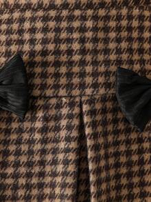 SHEIN Playful Pals Baby Girls/Unisex Infant Toddler 0-3Y Spring/Autumn Black Elegant Style Crew Neck Pullover Top With Black Bow Accent & Coffee Brown Plaid Woven Skirt Set. Elegant Style Casual Fit Suitable For Outings, Casual, Christmas Party - Black - View 7