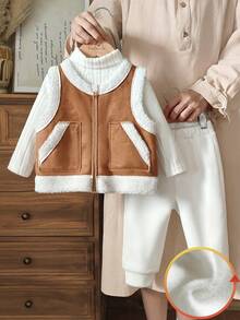 Vintaside Kids 3pcs/Set Baby Boys Autumn/Winter New 2025 Plush Rib Fabric High Collar Long Sleeve T-Shirt, Drawstring Pants, Thermal Lined Zip-Up Cardigan & Vest 3-Piece Outfit, Street Fashion