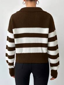 SHEIN Tall Striped Pattern Drop Shoulder Sweater, Tall Women - Brown - View 2